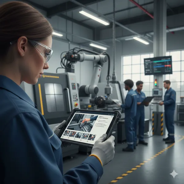 Shop floor operator using a mobile device for video-based work instructions