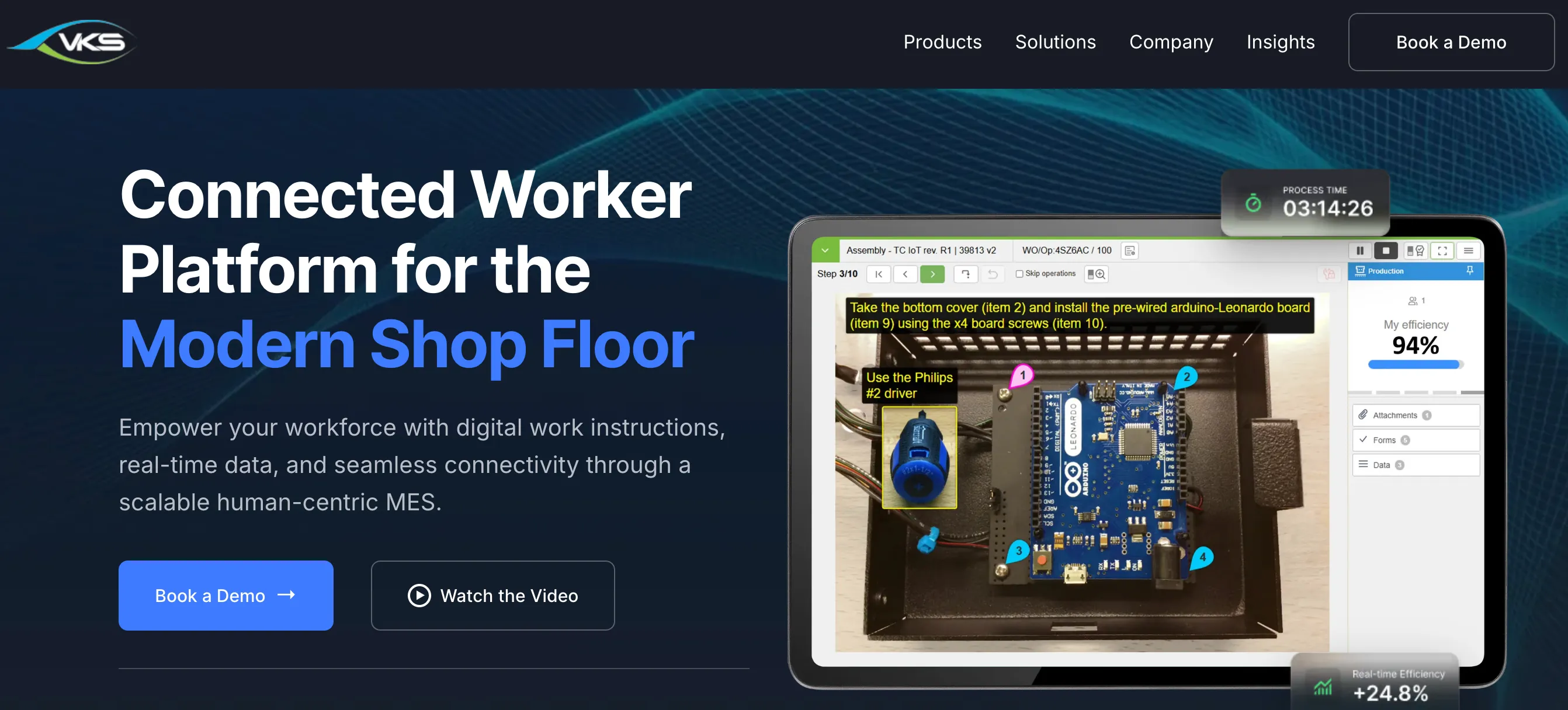 The VKS homepage in October 2026, with the headline Connected Worker Platform for the Modern Shop Floor and a tablet showing an assembly step for a circuit board with numbered callouts and a process timer.