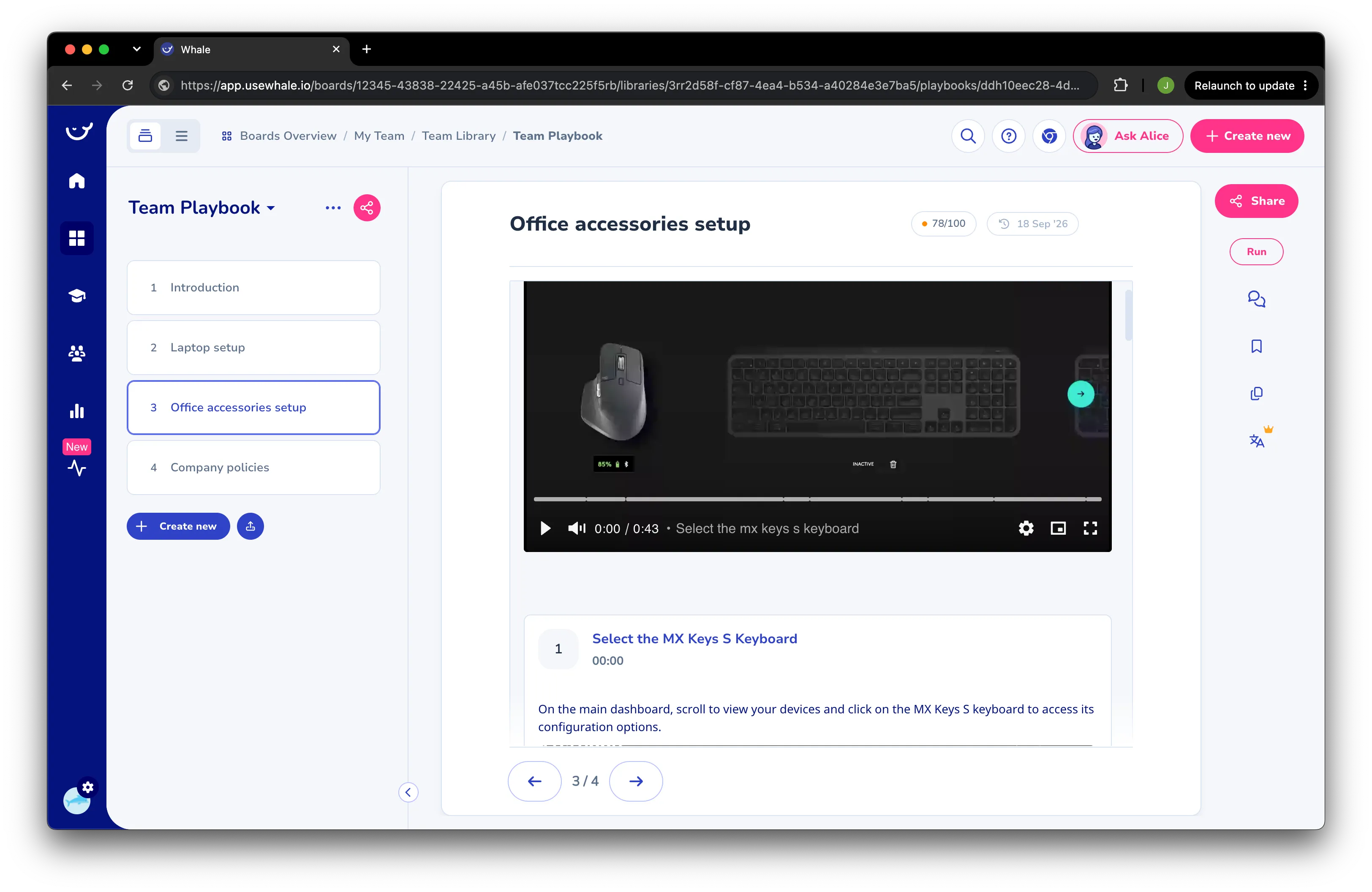 A Whale procedure called Office accessories setup, with a 78 out of 100 health score beside the title, a single 43 second video player at the top of the page, and the first step underneath carrying a 00:00 timestamp and a written instruction instead of its own clip.