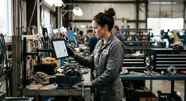 A female mechanic in a work uniform is reviewing digital blueprints on a mounted tablet in a repair shop.