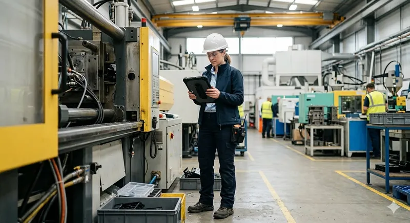 Engineer reviewing work instructions on a tablet next to an injection molding machine on the production floor.