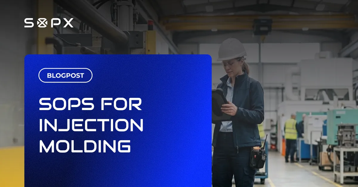 Engineer reviewing SOPs for injection molding on a tablet next to the machine on the production floor.